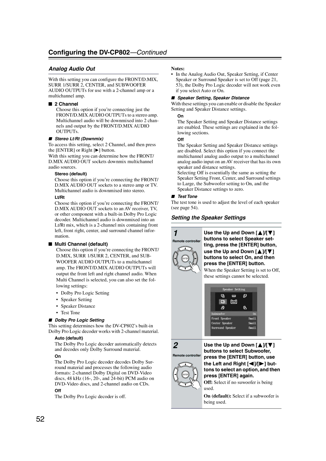 Onkyo DV-CP802 instruction manual Analog Audio Out, Setting the Speaker Settings 