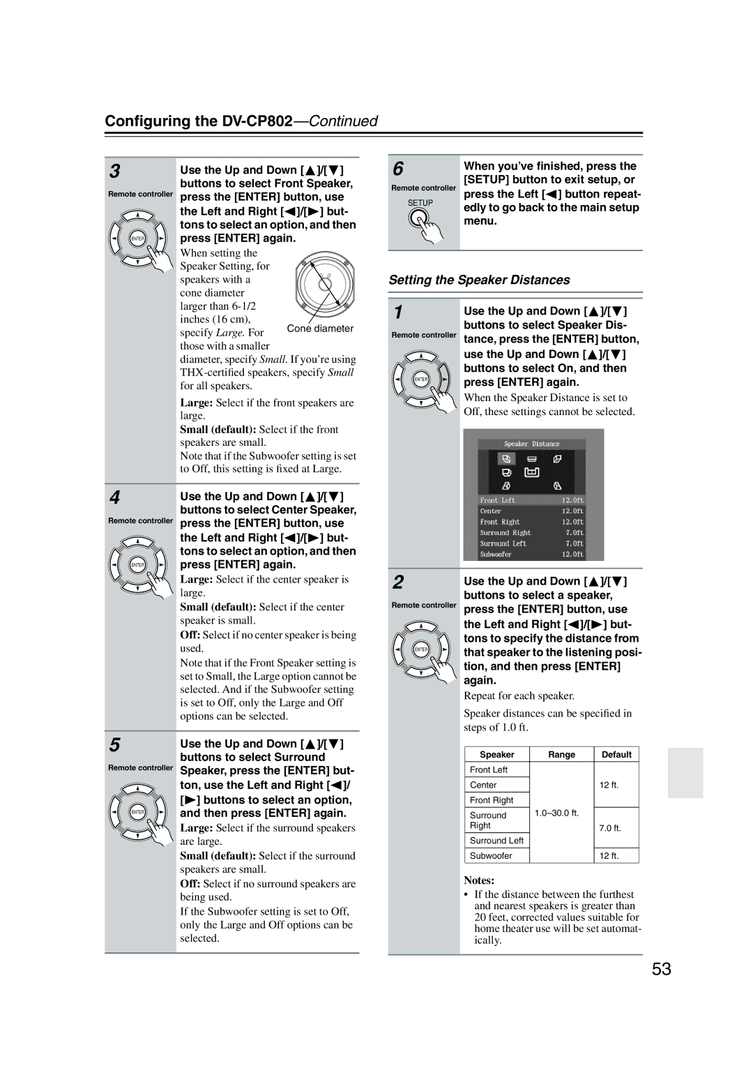 Onkyo DV-CP802 instruction manual Setting the Speaker Distances 