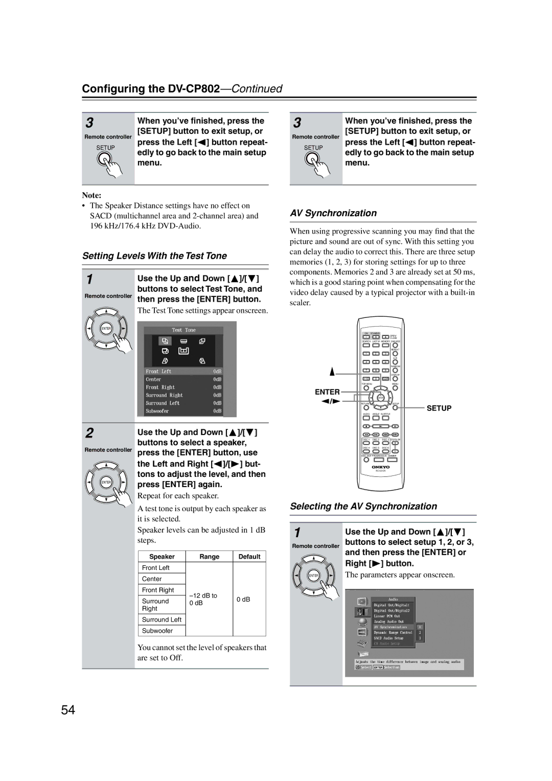 Onkyo DV-CP802 instruction manual Setting Levels With the Test Tone, Selecting the AV Synchronization 