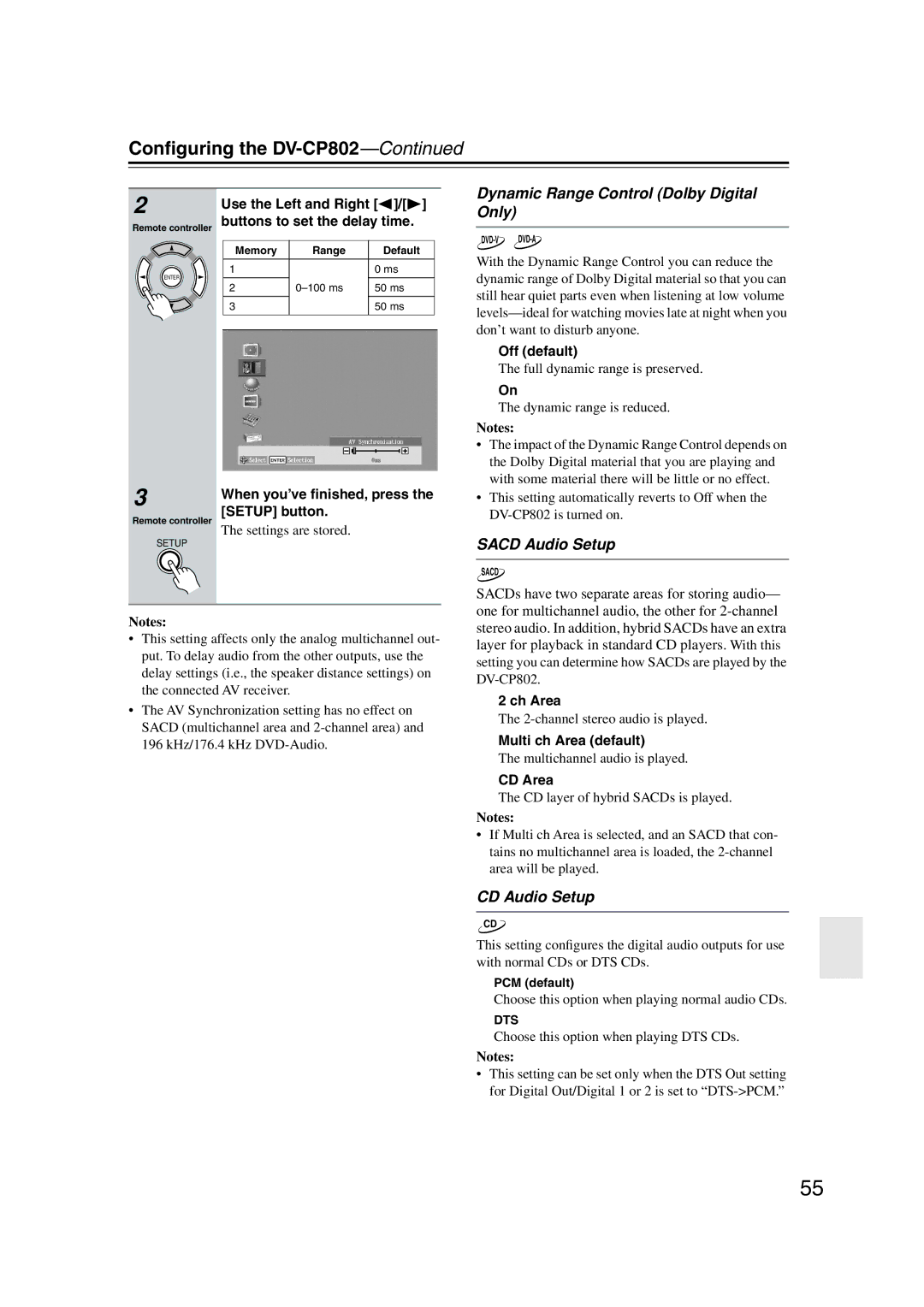 Onkyo DV-CP802 instruction manual Dynamic Range Control Dolby Digital Only, Sacd Audio Setup, CD Audio Setup 