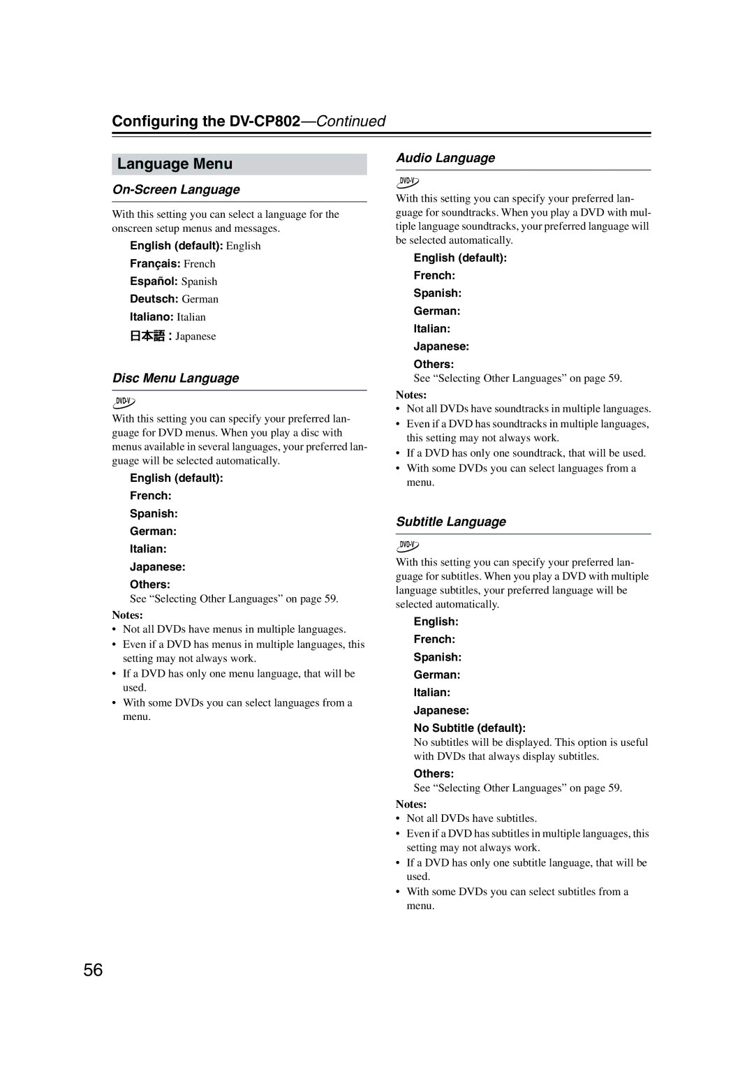 Onkyo Conﬁguring the DV-CP802 Language Menu, On-Screen Language, Disc Menu Language, Audio Language, Subtitle Language 