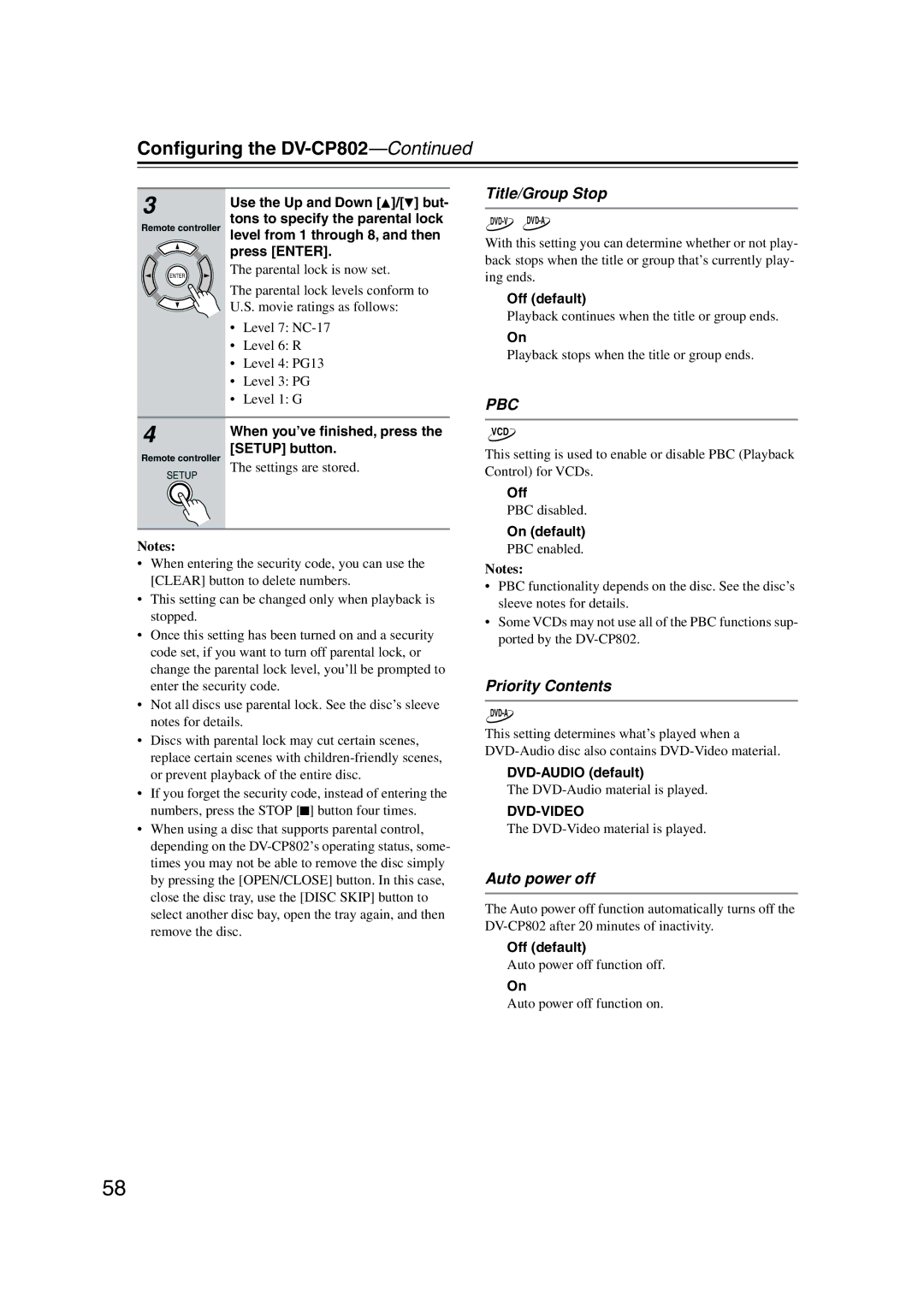 Onkyo DV-CP802 instruction manual Title/Group Stop, Priority Contents, Auto power off 