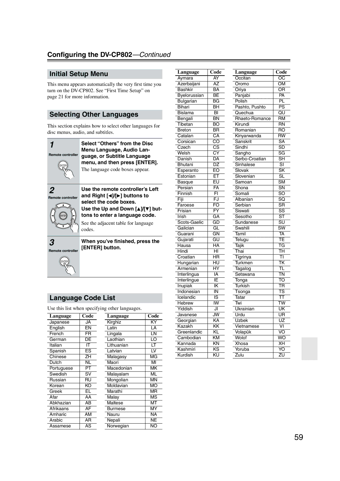 Onkyo instruction manual Conﬁguring the DV-CP802 Initial Setup Menu, Selecting Other Languages, Language Code List 