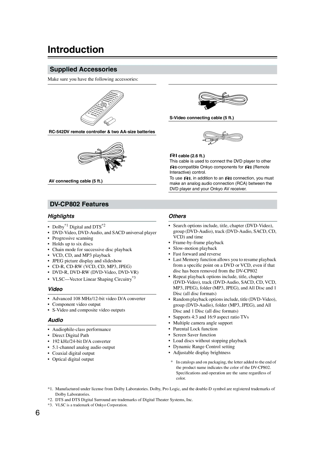 Onkyo instruction manual Introduction, Supplied Accessories, DV-CP802 Features 