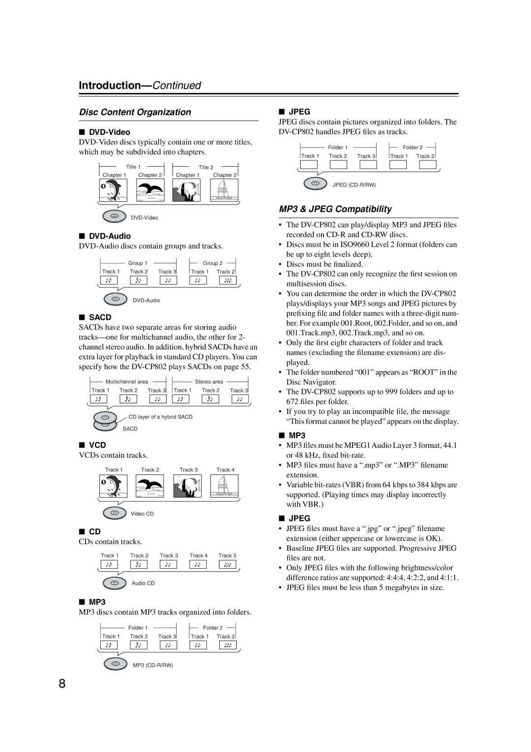 Onkyo DV-CP802 instruction manual Introduction, Disc Content Organization, MP3 & Jpeg Compatibility 