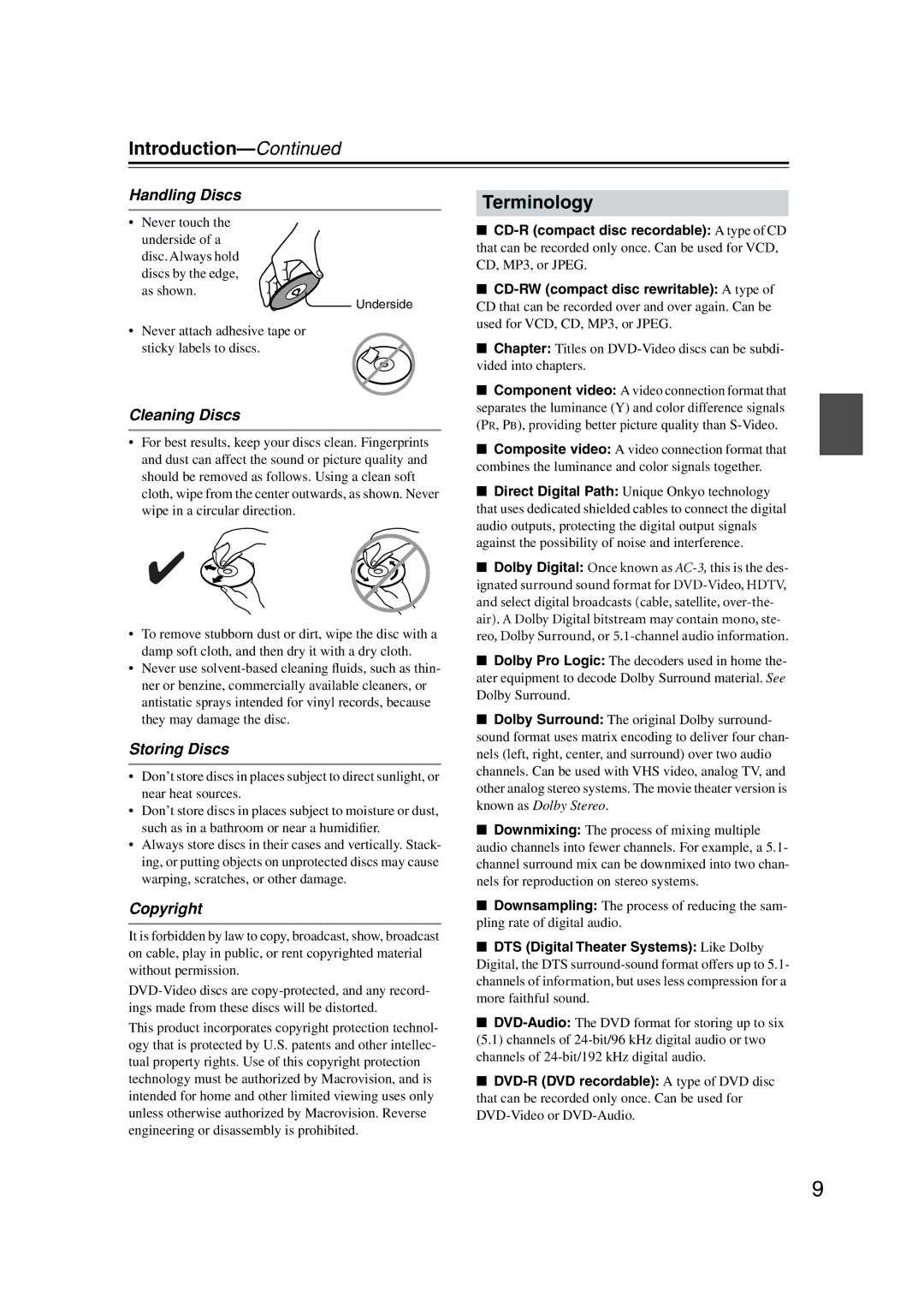 Onkyo DV-CP802 instruction manual Terminology, Handling Discs, Storing Discs, Copyright 