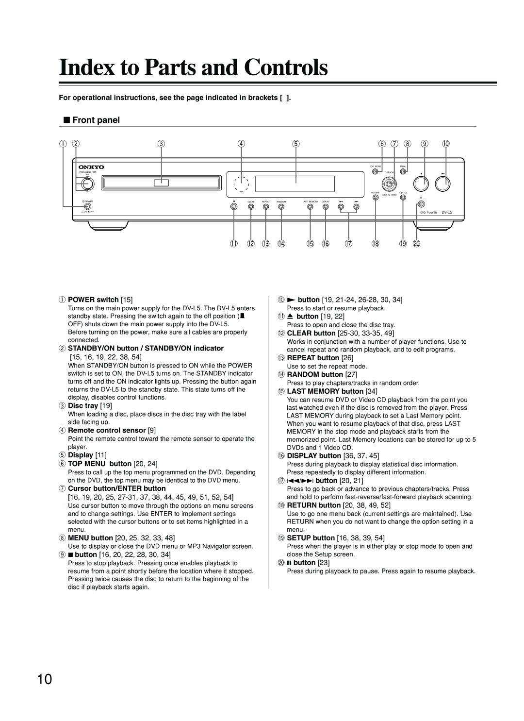 Onkyo DV-L5 instruction manual Index to Parts and Controls, Front panel 