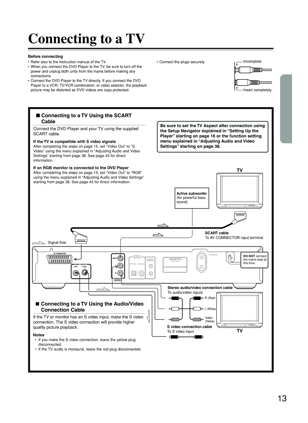 Onkyo DV-L5 Connecting to a TV Using the Scart Cable, Connecting to a TV Using the Audio/Video Connection Cable 