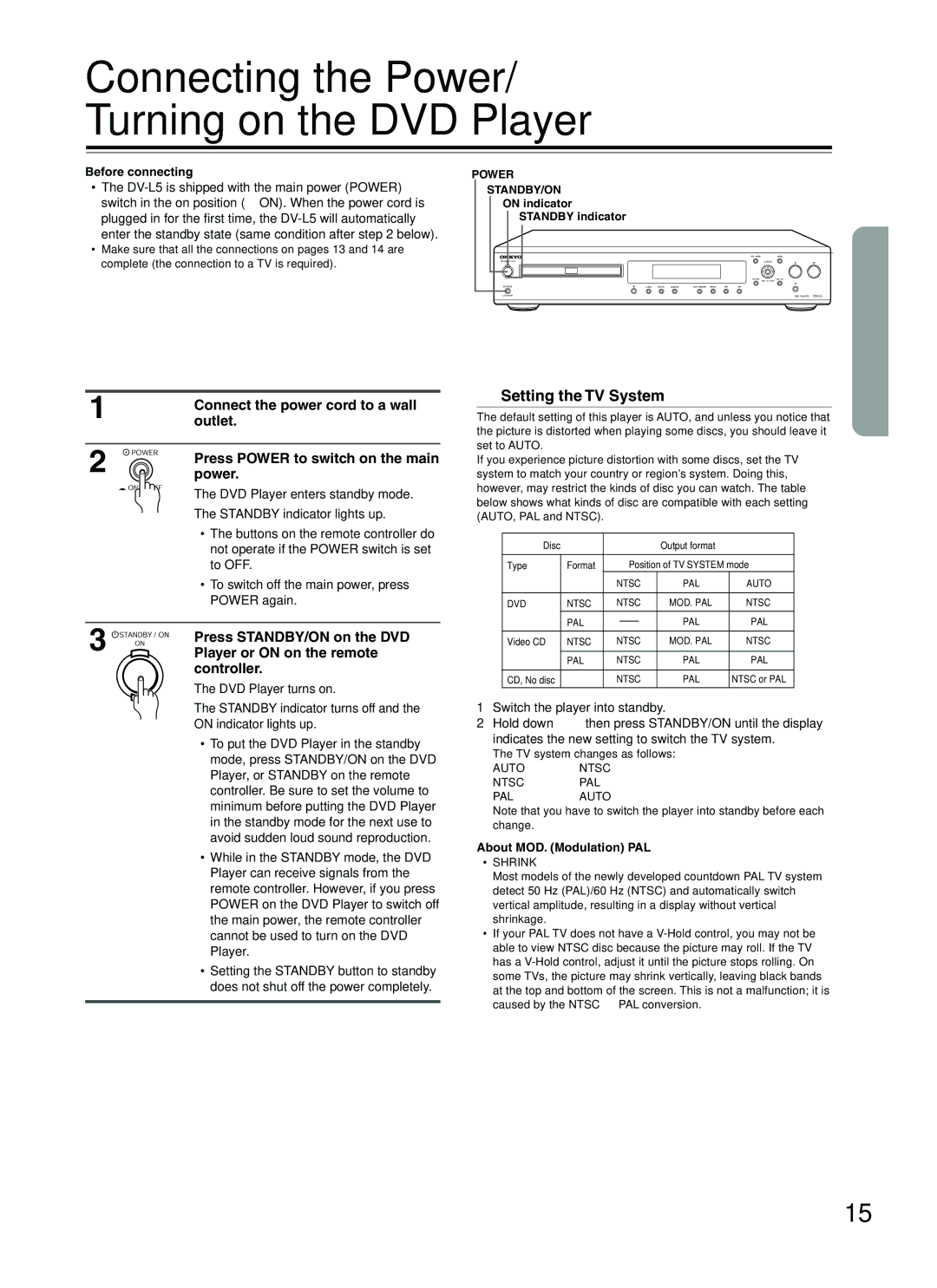 Onkyo DV-L5 instruction manual Connecting the Power/ Turning on the DVD Player, Setting the TV System 