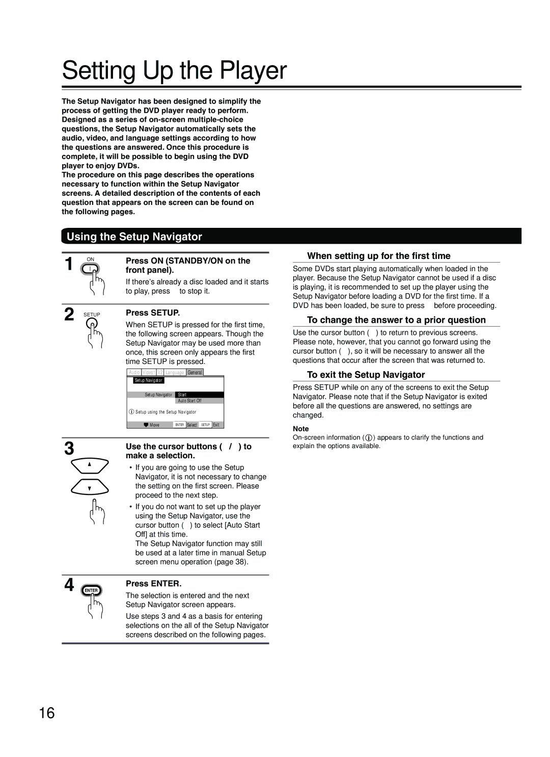 Onkyo DV-L5 instruction manual Setting Up the Player, Using the Setup Navigator, When setting up for the first time 