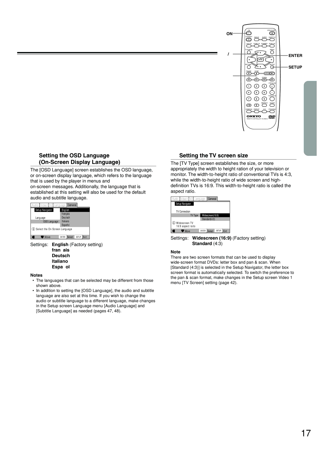 Onkyo DV-L5 Setting the OSD Language On-Screen Display Language, Setting the TV screen size, Deutsch Italiano Español 