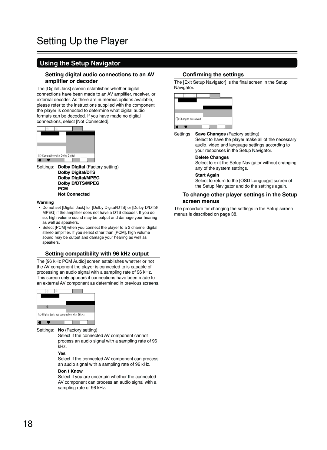 Onkyo DV-L5 instruction manual Setting Up the Player, Setting compatibility with 96 kHz output, Confirming the settings 