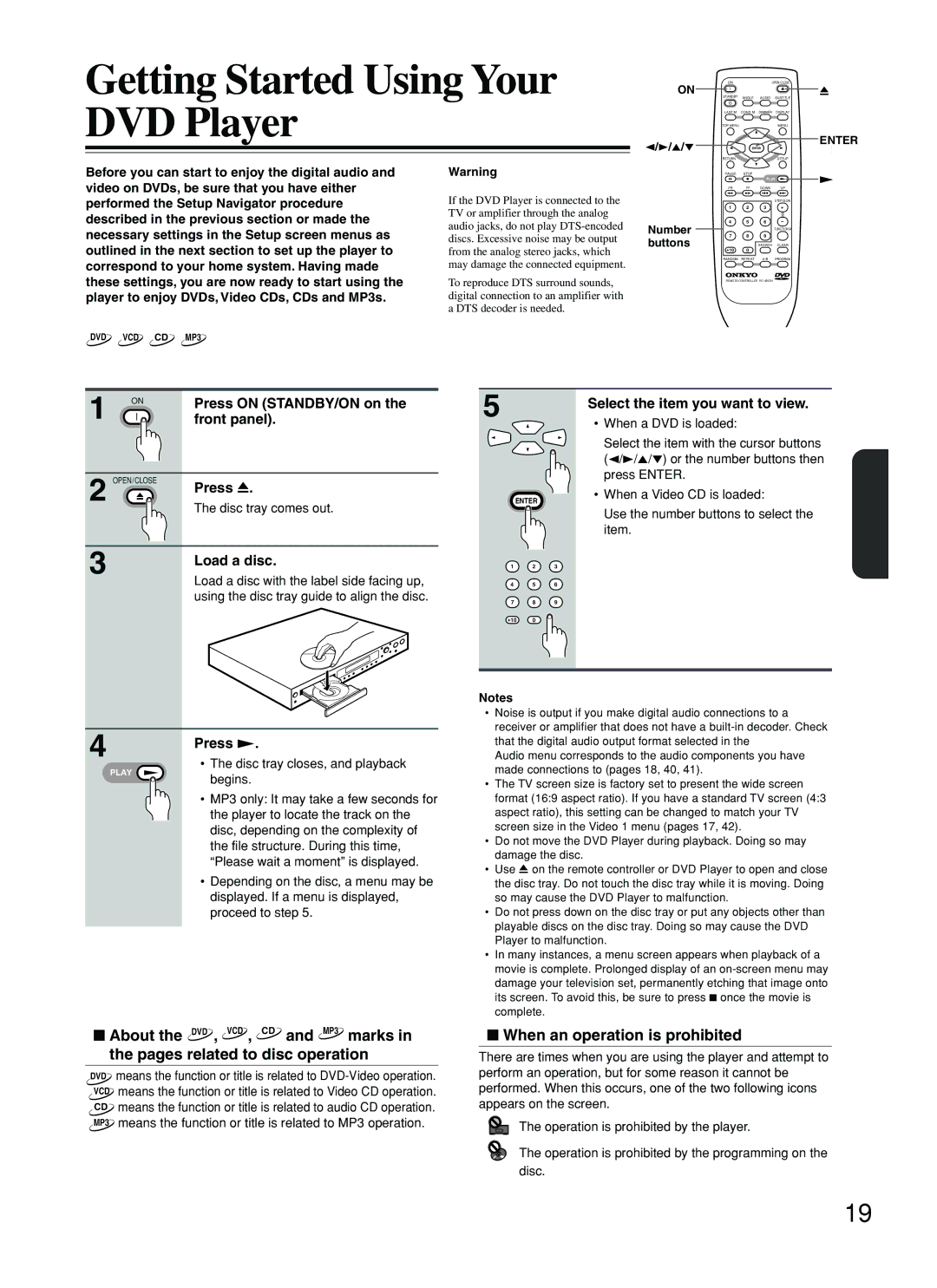 Onkyo DV-L5 instruction manual Getting Started Using Your DVD Player, Playing DVDs, Video CDs, CDs and MP3s 