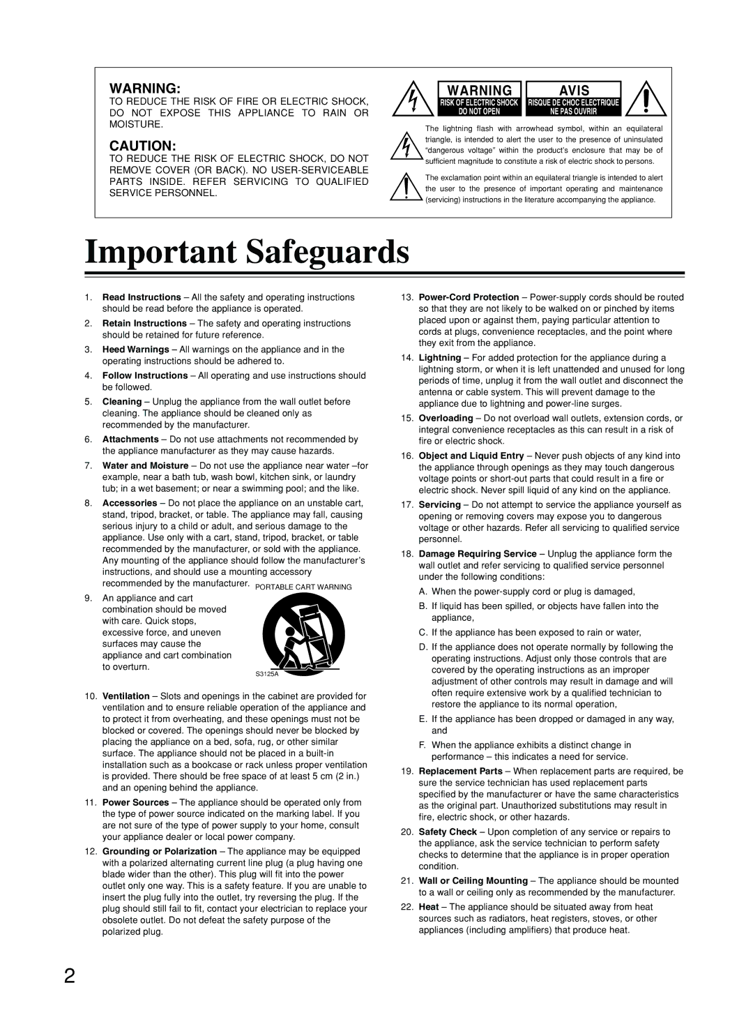 Onkyo DV-L5 instruction manual Important Safeguards, Avis 