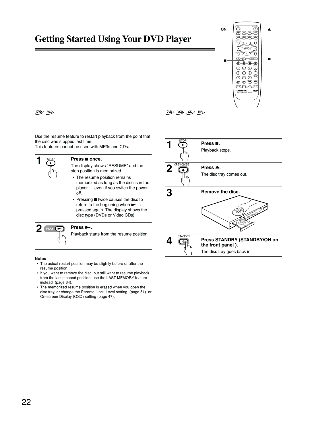 Onkyo DV-L5 Resuming playback from where you stopped, Stopping Playback and Switching Power Off, Press 7 once 