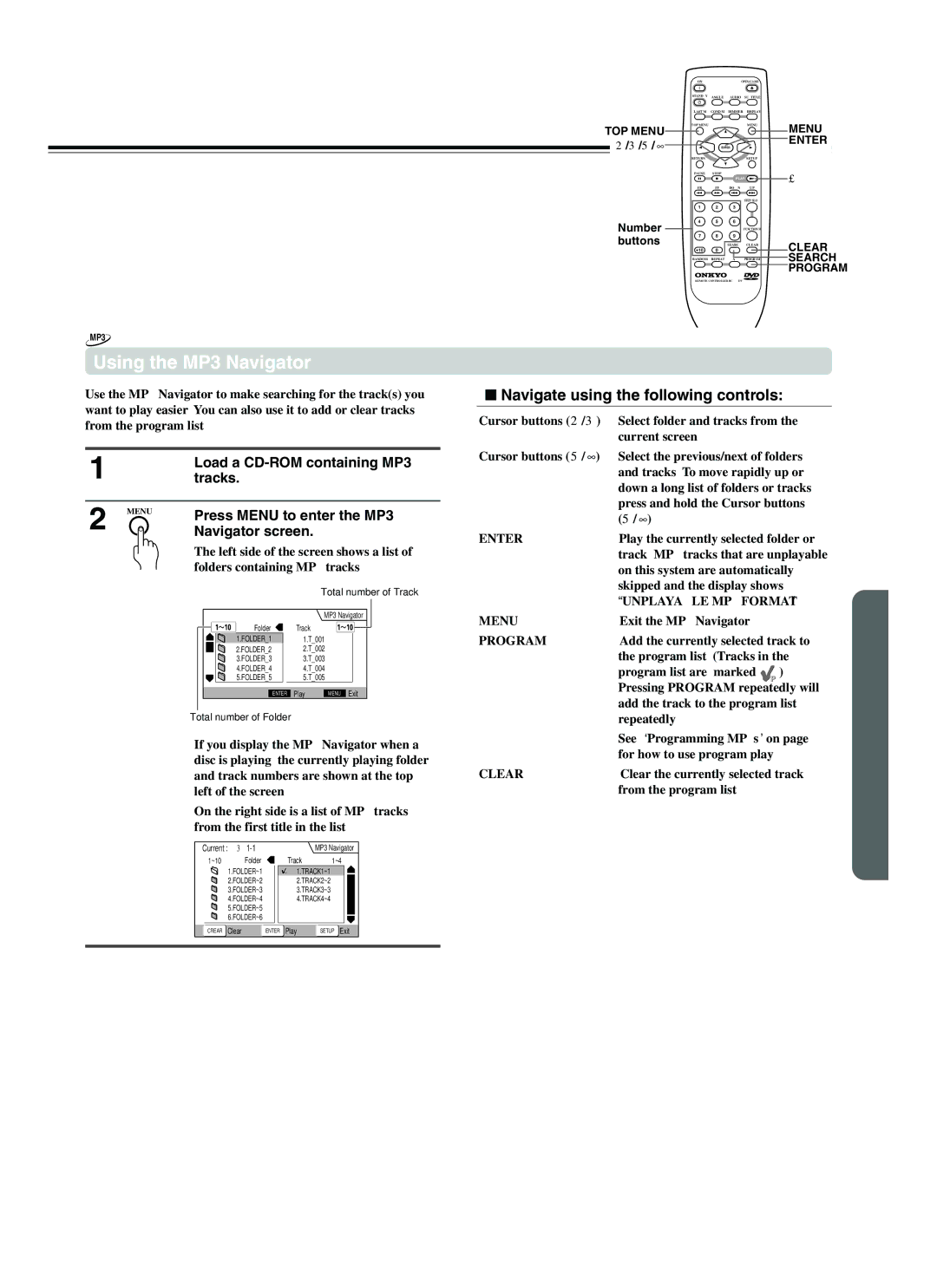 Onkyo DV-L5 instruction manual Using the MP3 Navigator, Navigate using the following controls 