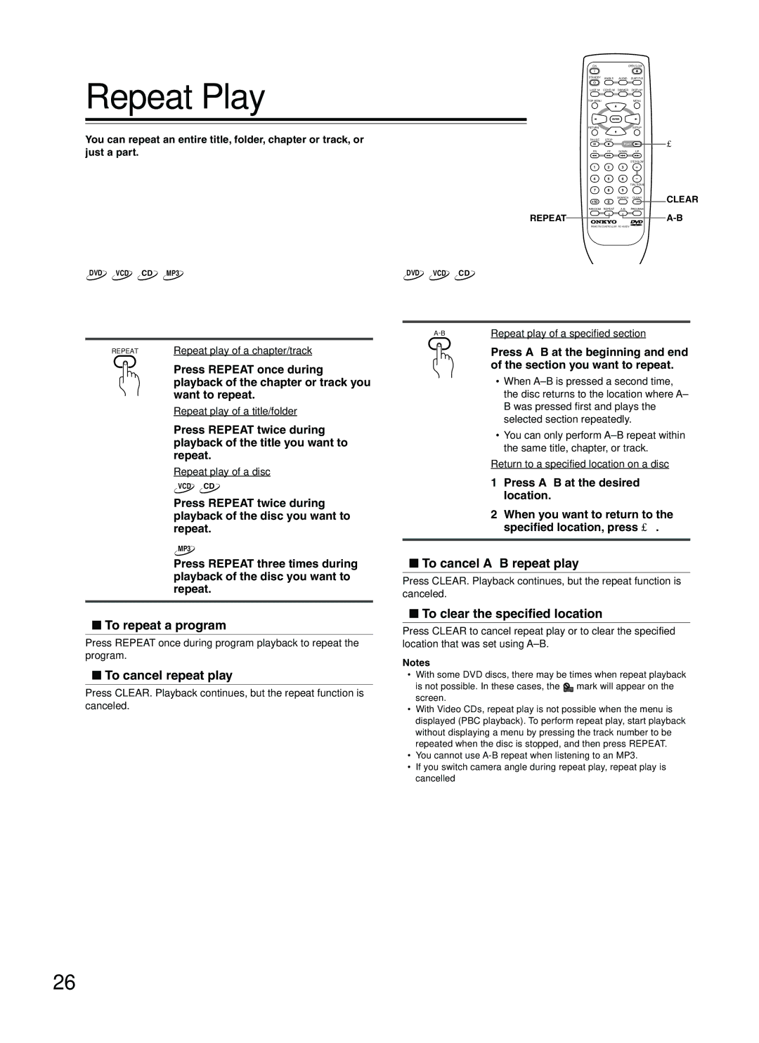 Onkyo DV-L5 instruction manual Repeat Play, Repeating a Title, Folder, Chapter or Track, Repeating a Specific Segment 