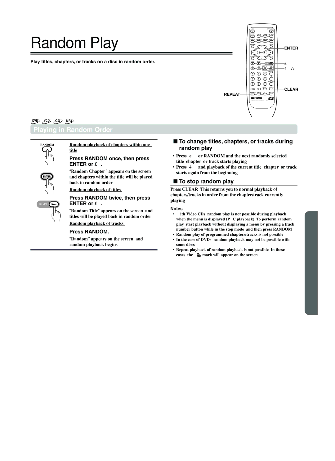 Onkyo DV-L5 Random Play, Playing in Random Order, To change titles, chapters, or tracks during random play 
