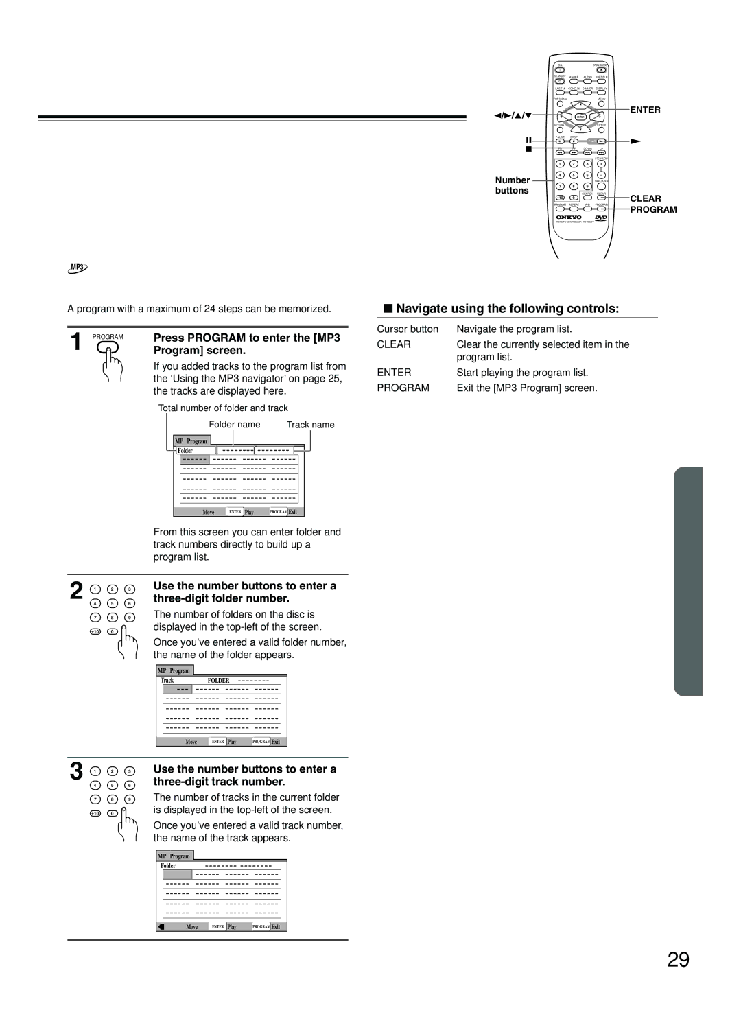 Onkyo DV-L5 instruction manual Programming MP3s, Press Program to enter the MP3, Program screen 