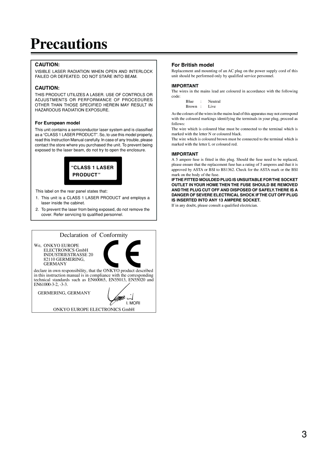 Onkyo DV-L5 instruction manual Precautions, For British model, For European model 