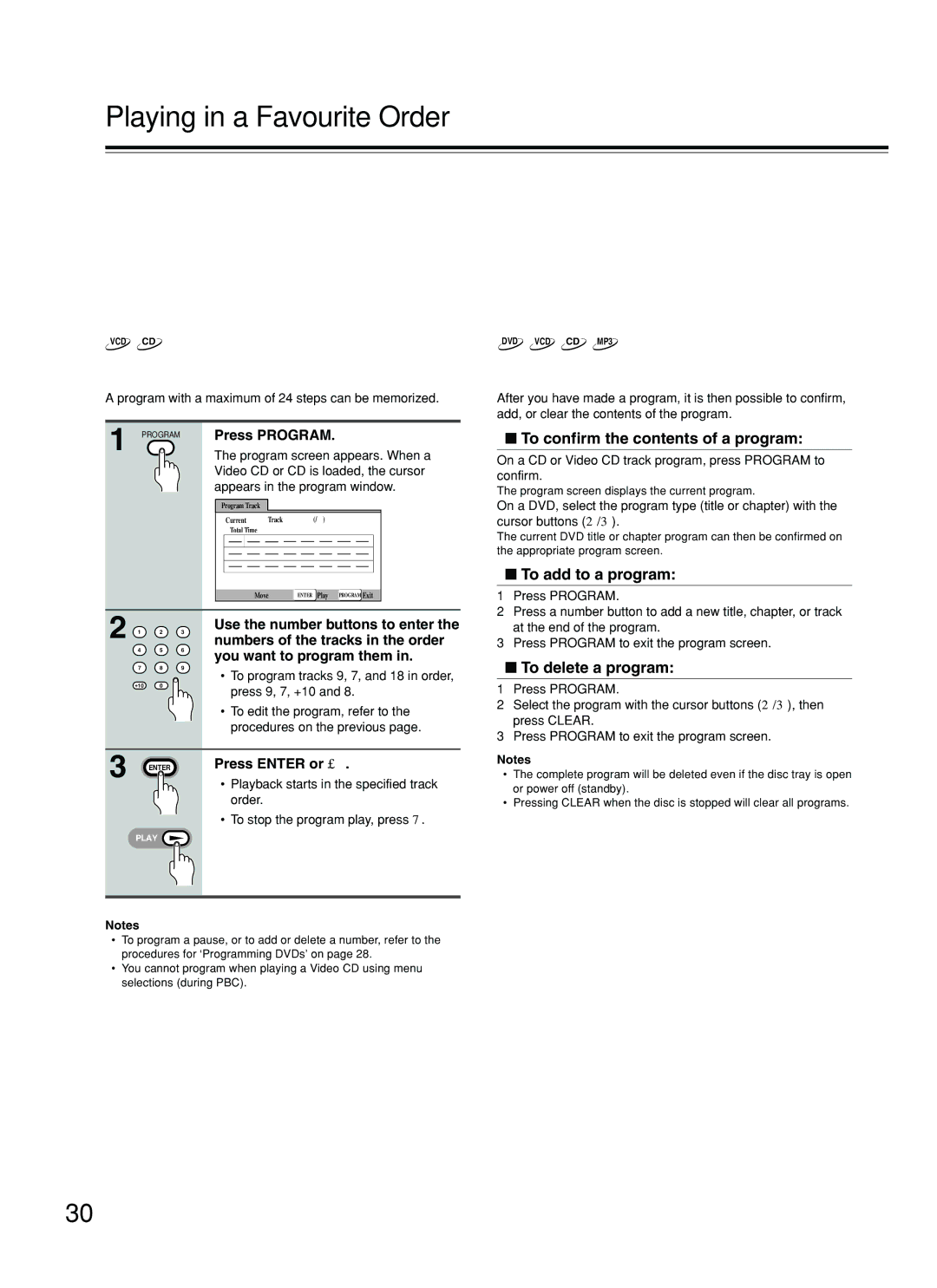 Onkyo DV-L5 instruction manual Playing in a Favourite Order, Programming Video CDs, CDs, Additional programming options 