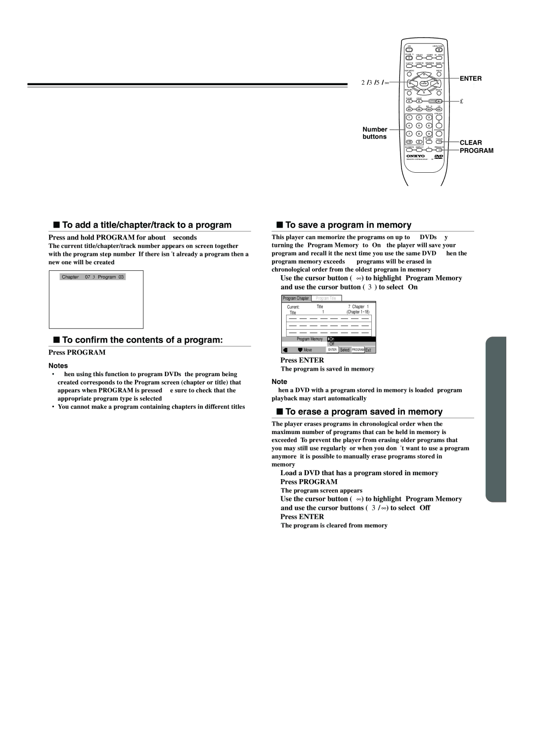 Onkyo DV-L5 To add a title/chapter/track to a program, To save a program in memory, To erase a program saved in memory 