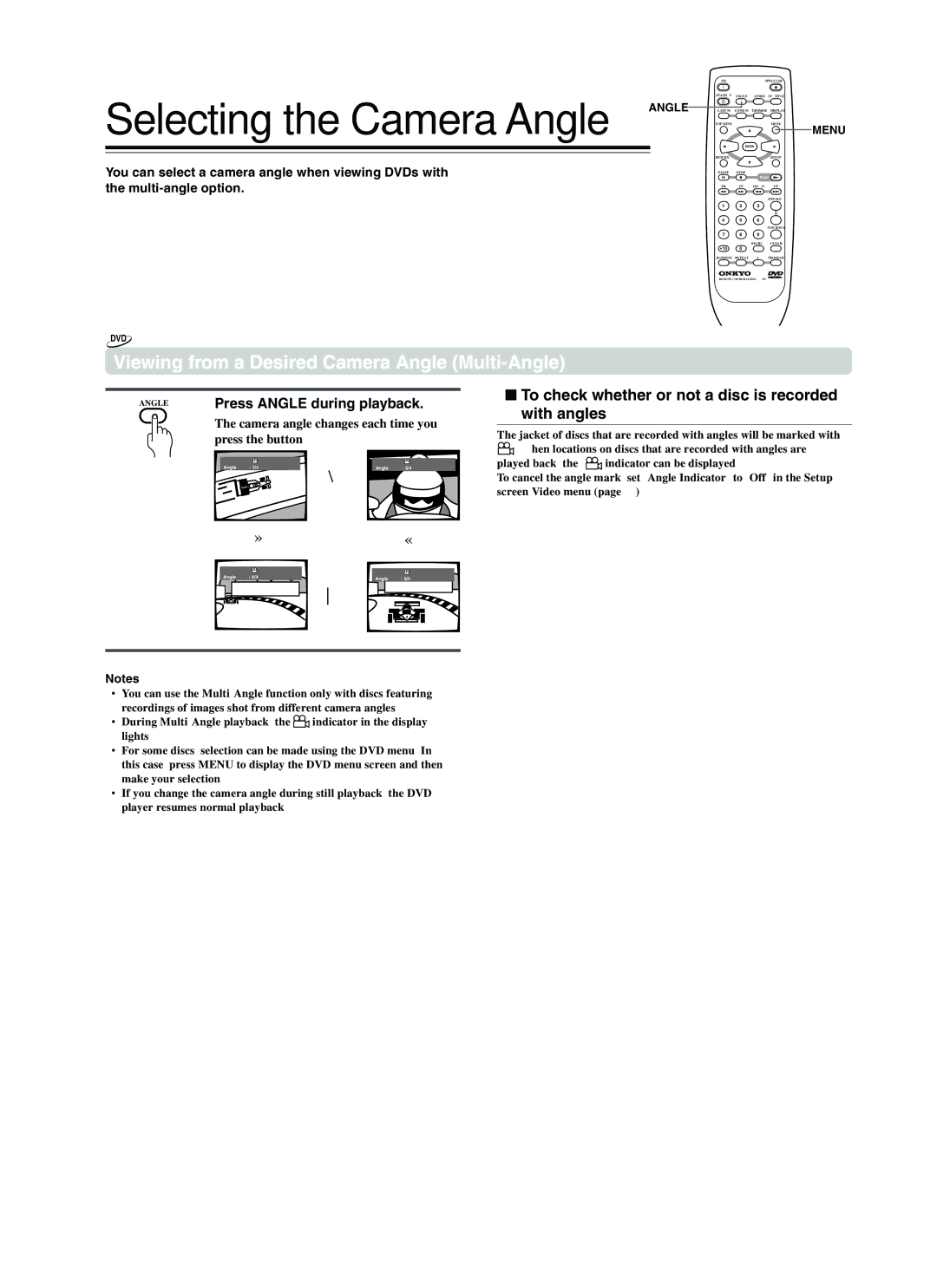 Onkyo DV-L5 Selecting the Camera Angle, Viewing from a Desired Camera Angle Multi-Angle, Press Angle during playback 