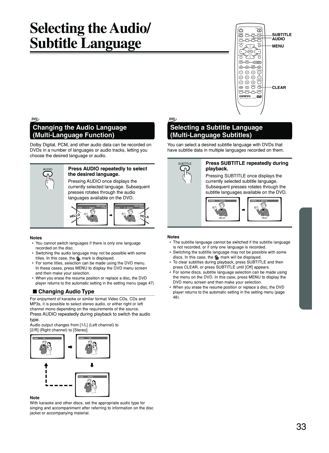 Onkyo DV-L5 Changing the Audio Language Multi-Language Function, Selecting a Subtitle Language Multi-Language Subtitles 