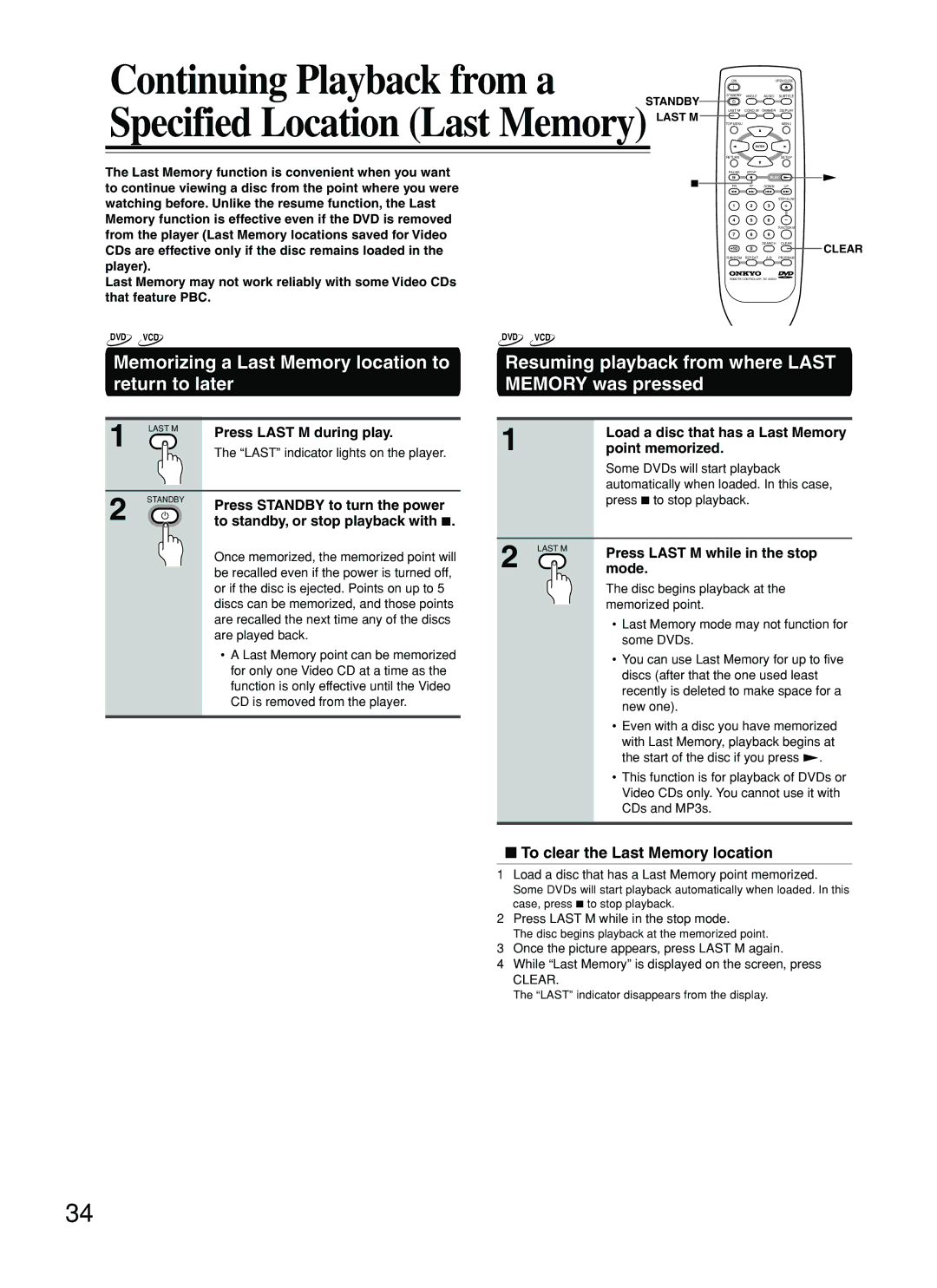 Onkyo DV-L5 instruction manual Continuing Playback from a, Memorizing a Last Memory location to return to later 