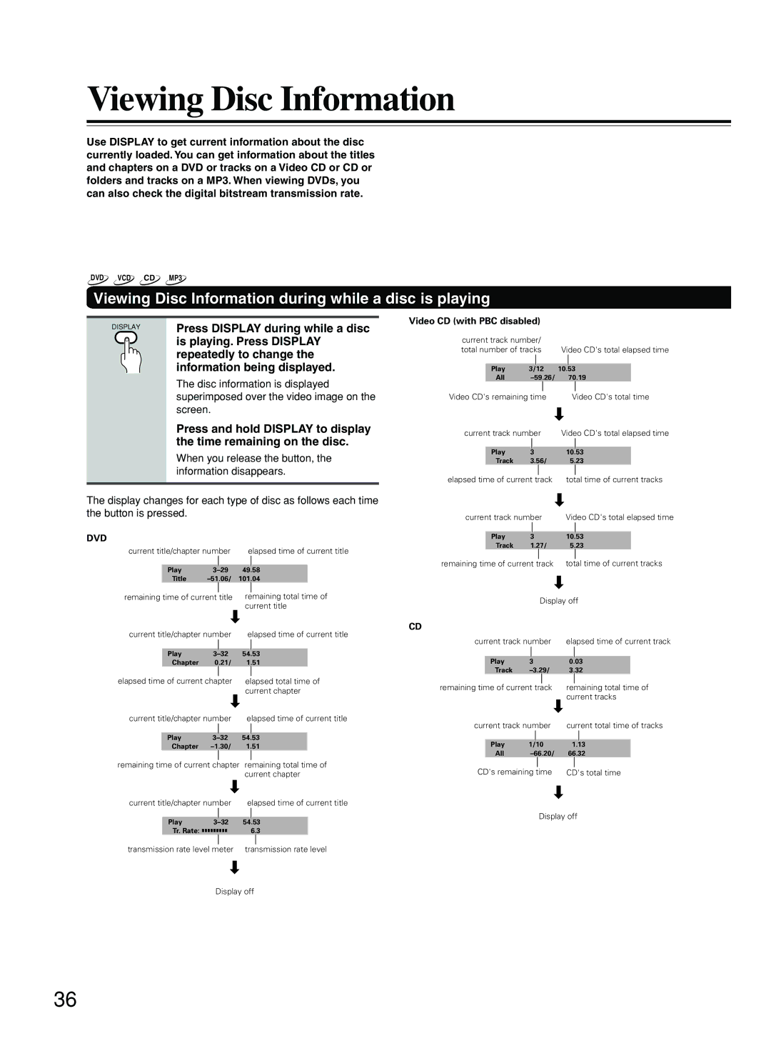 Onkyo DV-L5 instruction manual Viewing Disc Information during while a disc is playing 