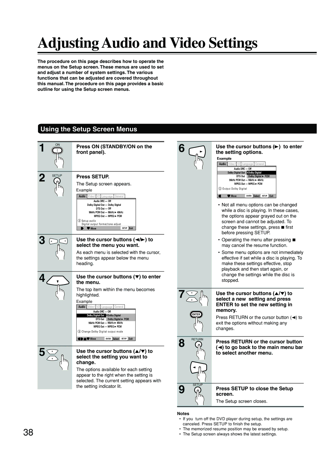 Onkyo DV-L5 instruction manual Adjusting Audio and Video Settings, Using the Setup Screen Menus 