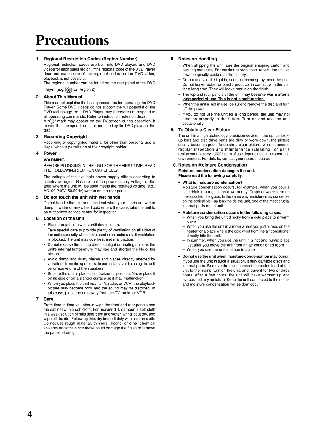 Onkyo DV-L5 Regional Restriction Codes Region Number, About This Manual, Recording Copyright, Power, Location of the unit 