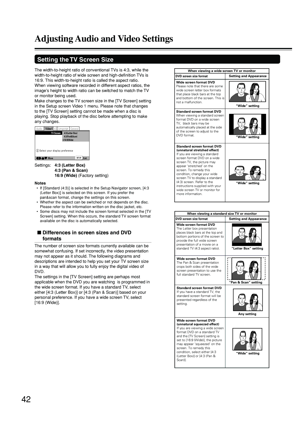 Onkyo DV-L5 Setting the TV Screen Size, Differences in screen sizes and DVD formats, Settings 43 Letter Box Pan & Scan 