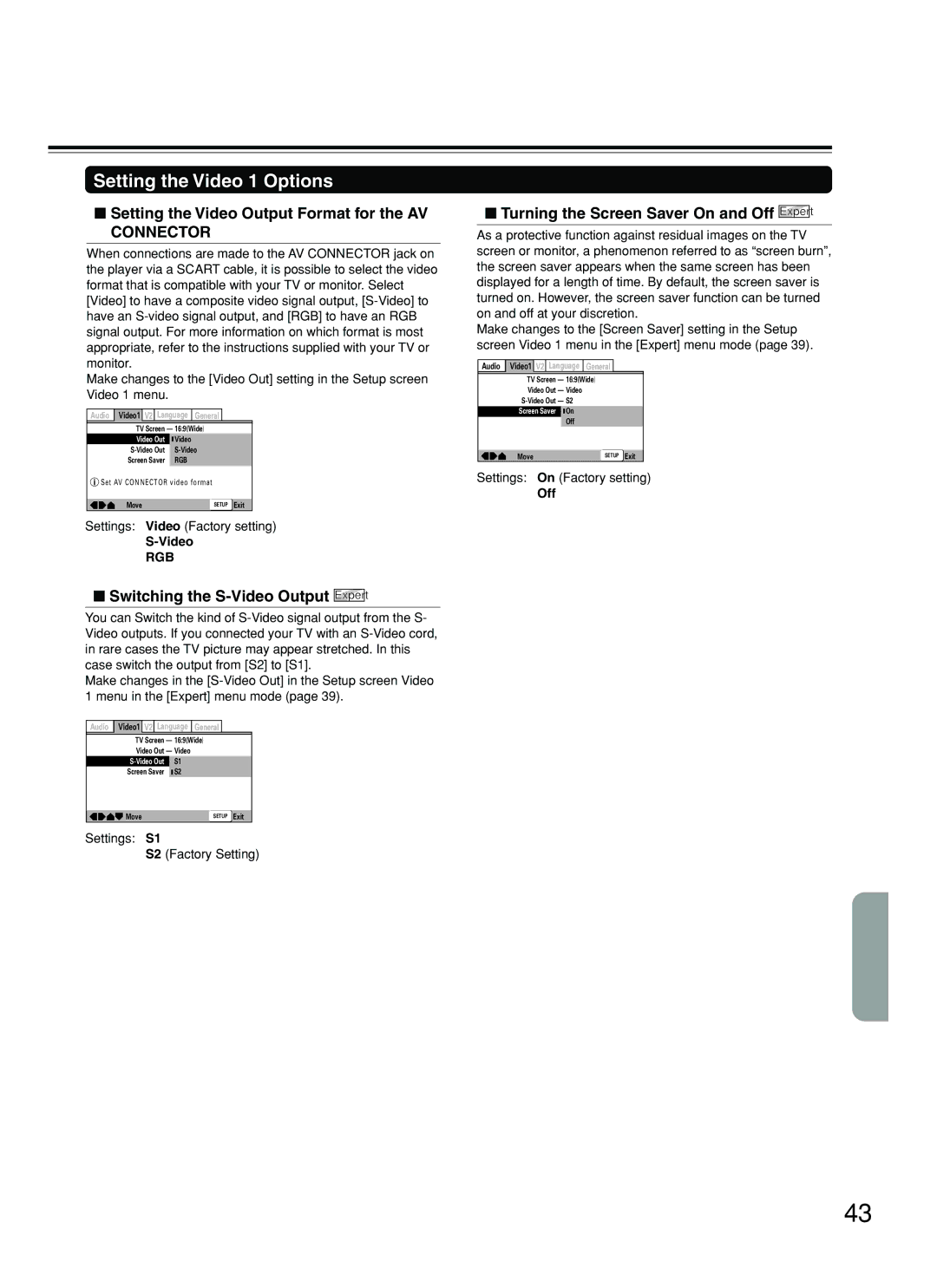 Onkyo DV-L5 instruction manual Setting the Video 1 Options, Setting the Video Output Format for the AV Connector 