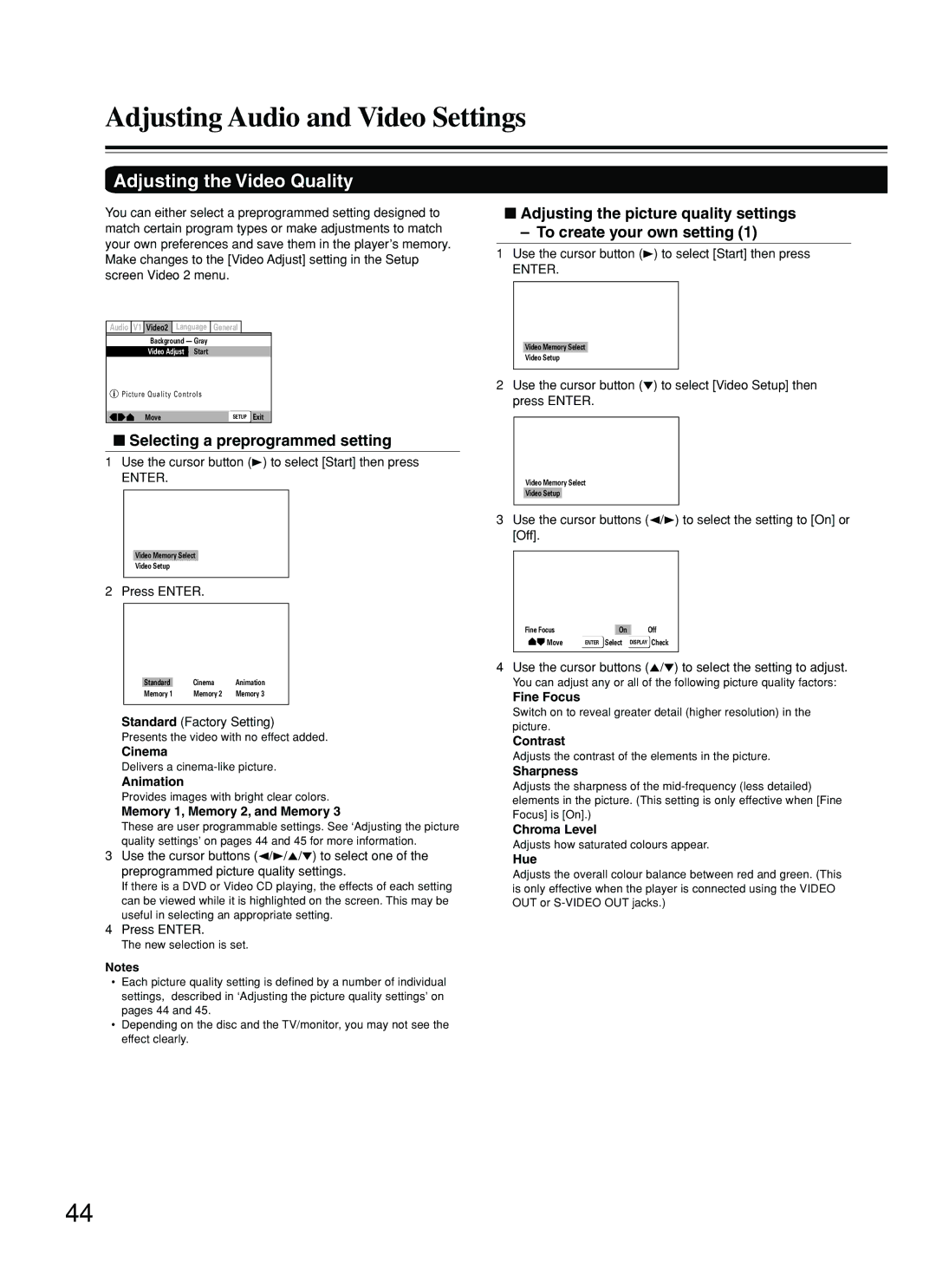 Onkyo DV-L5 instruction manual Adjusting the Video Quality, Selecting a preprogrammed setting 