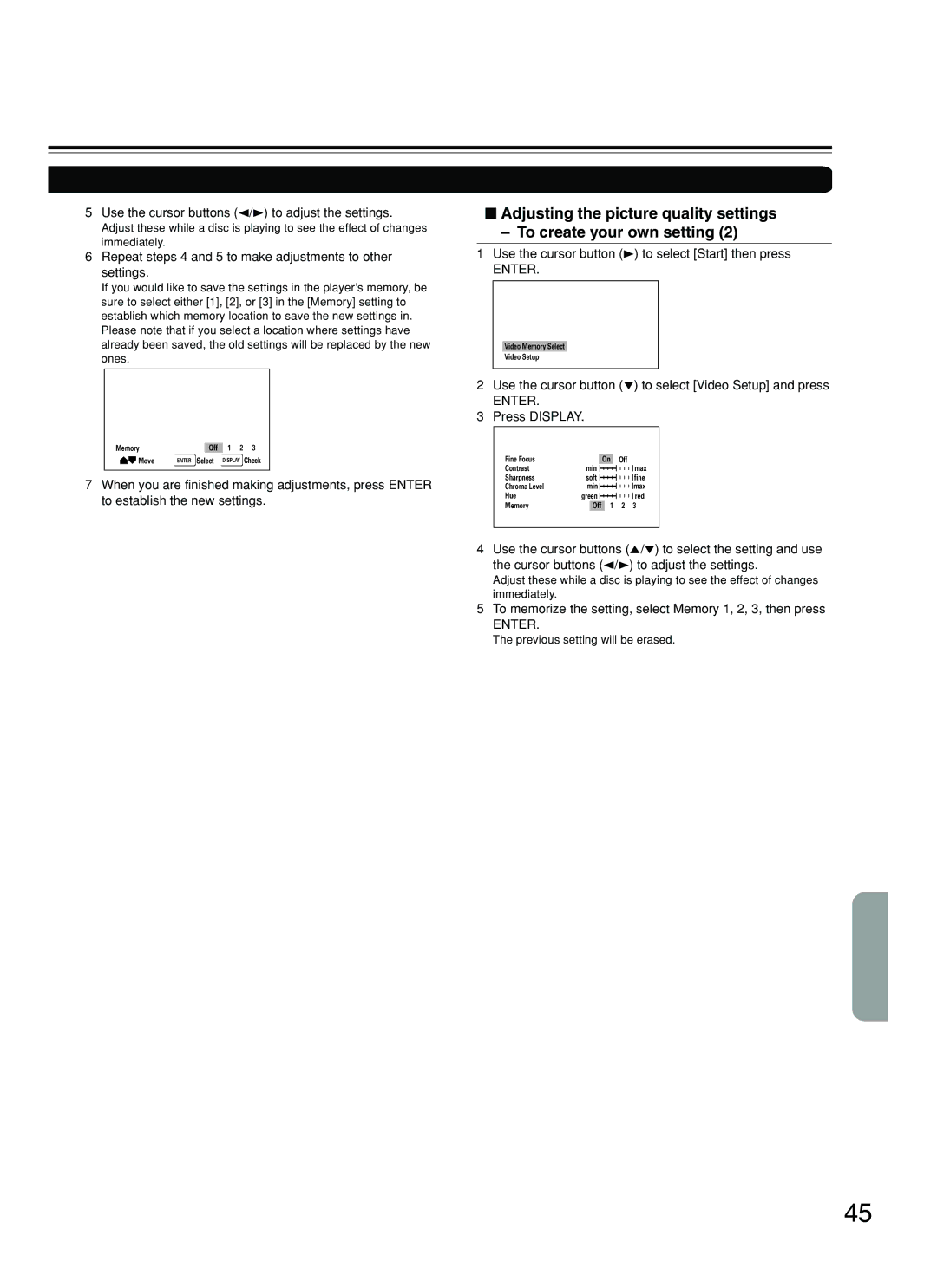 Onkyo DV-L5 Use the cursor buttons 2/3 to adjust the settings, Repeat steps 4 and 5 to make adjustments to other settings 