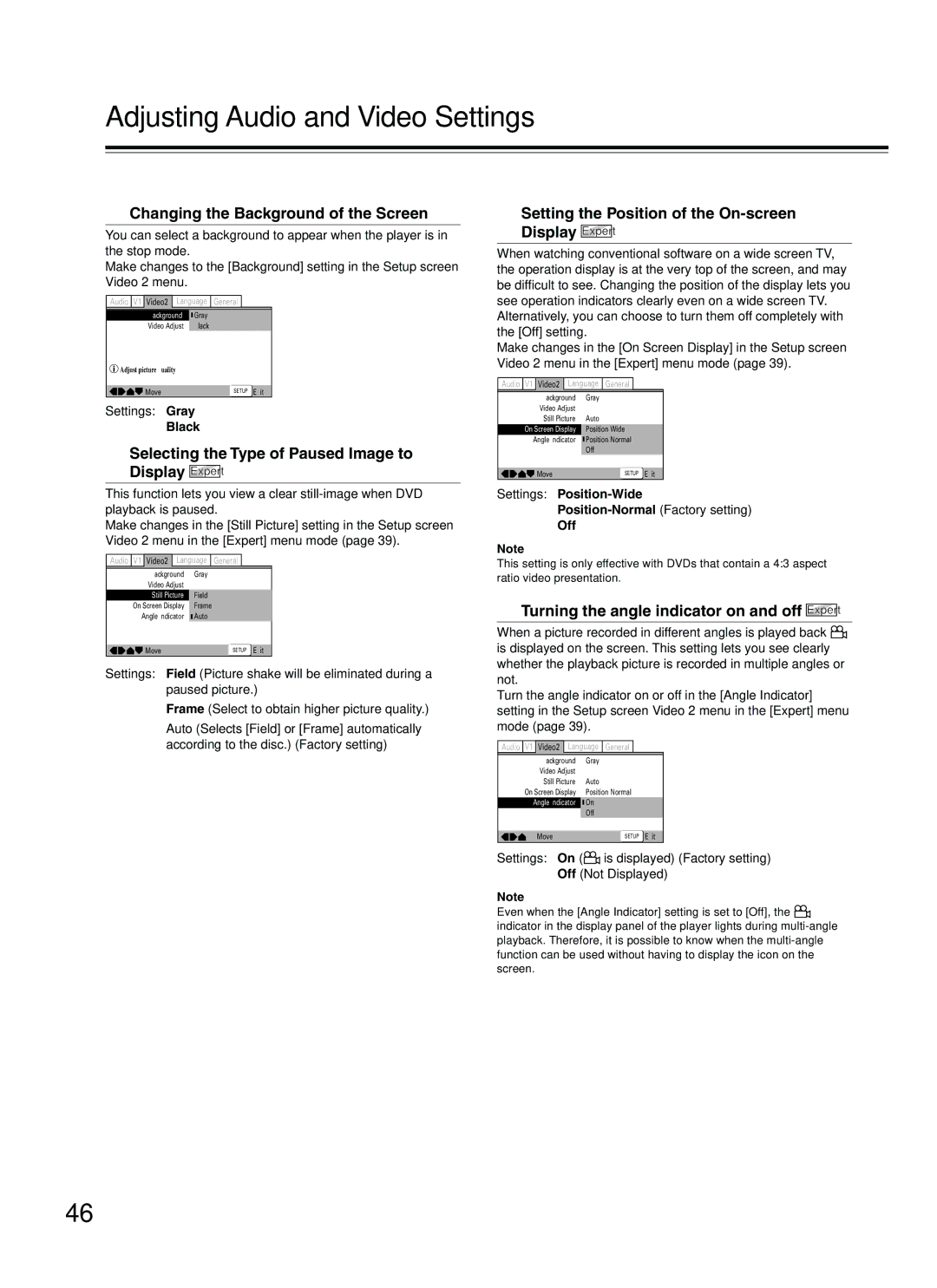 Onkyo DV-L5 instruction manual Setting the Video 2 Options, Changing the Background of the Screen 