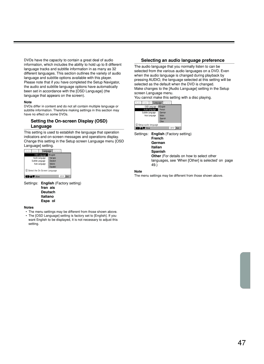 Onkyo DV-L5 Setting the Language Options, Setting the On-screen Display OSD Language, Settings English Factory setting 