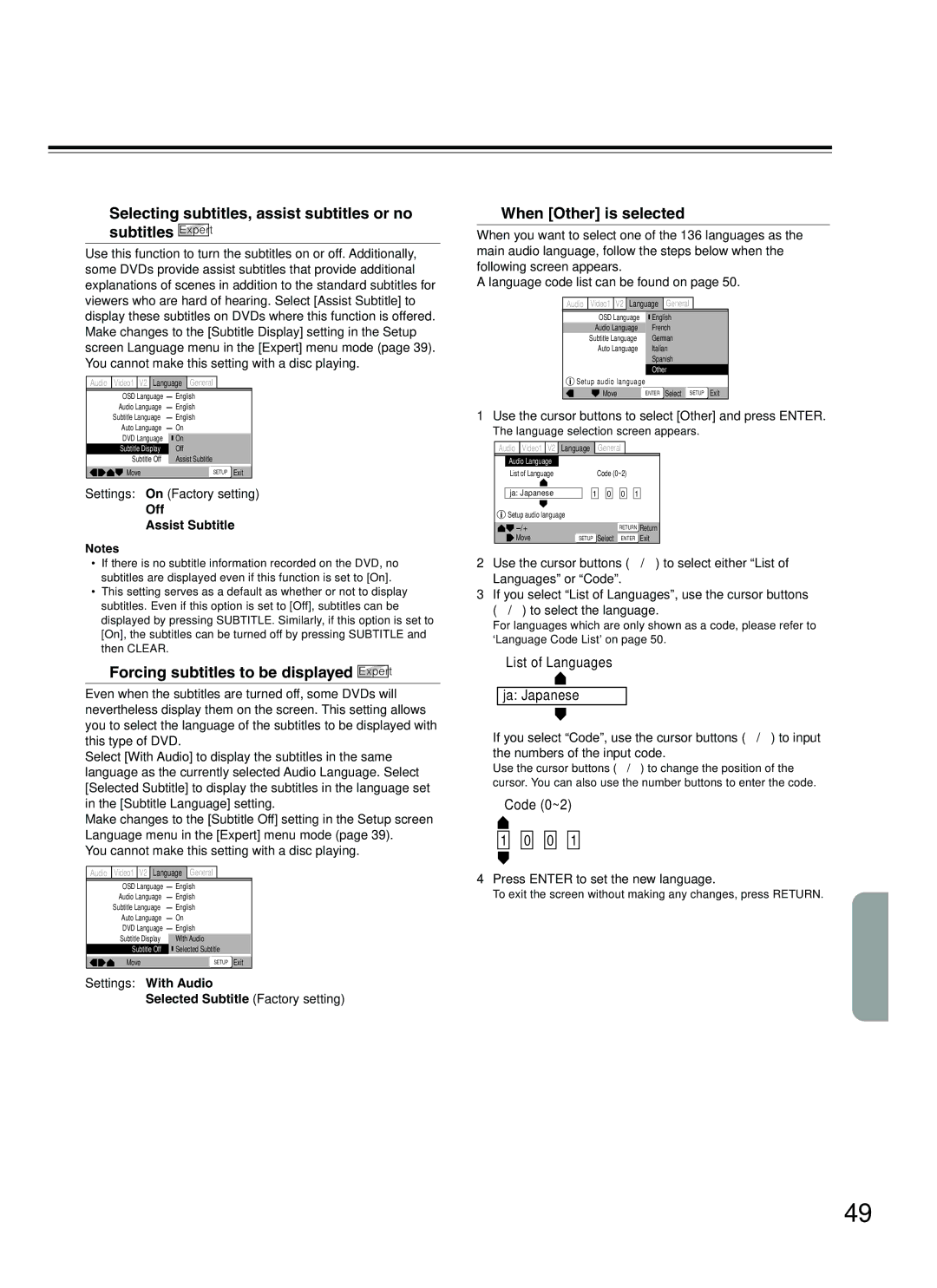 Onkyo DV-L5 instruction manual Forcing subtitles to be displayed Expert, When Other is selected, Off Assist Subtitle 