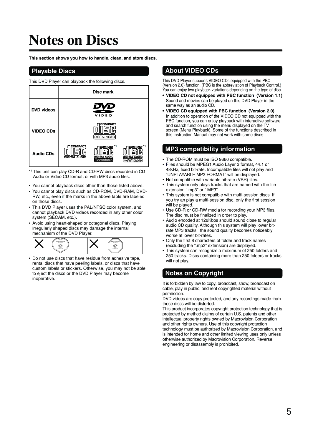 Onkyo DV-L5 Playable Discs, About Video CDs, MP3 compatibility information, Disc mark DVD videos Video CDs Audio CDs 