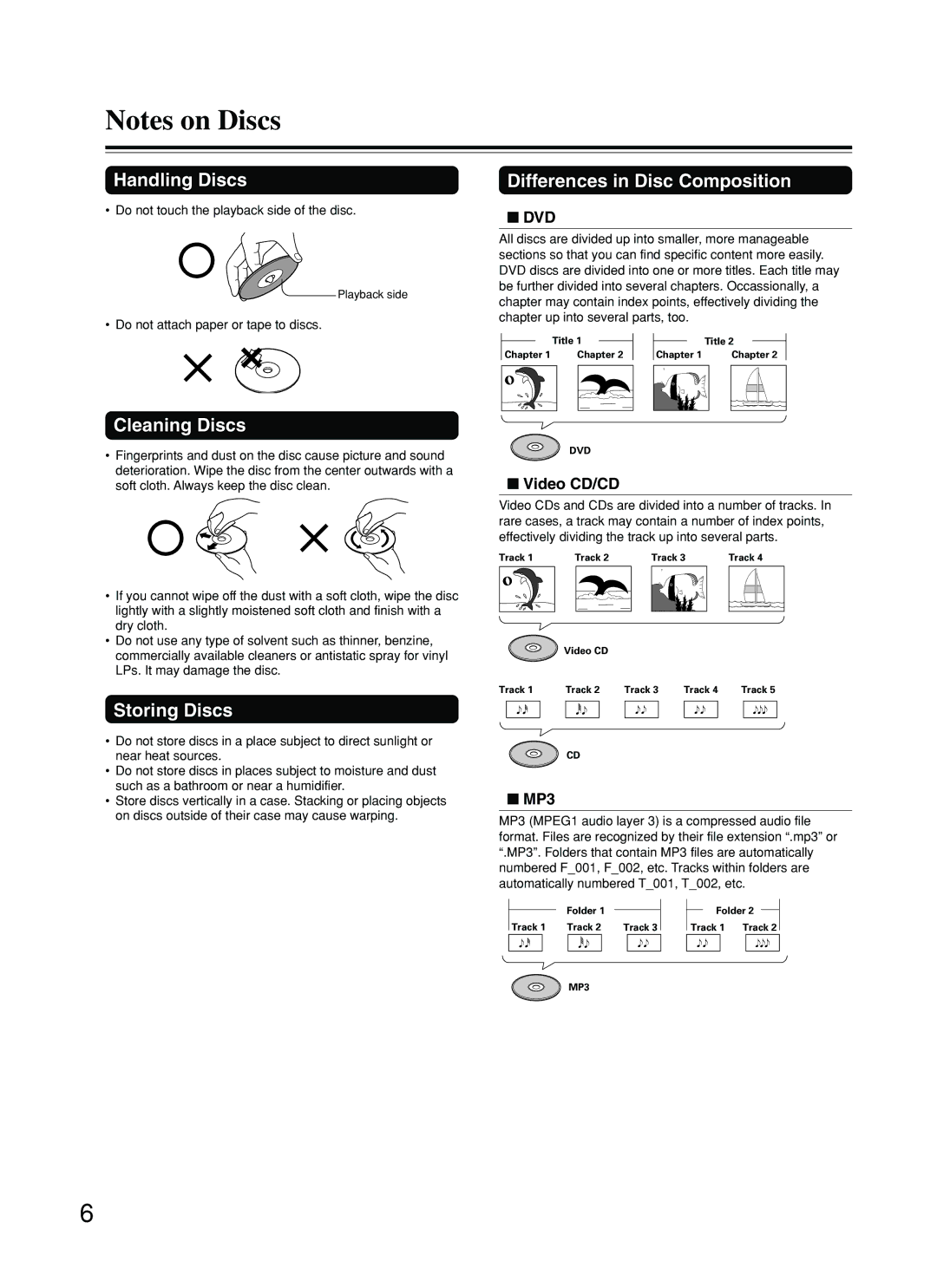 Onkyo DV-L5 instruction manual Handling Discs, Differences in Disc Composition, Cleaning Discs, Storing Discs 