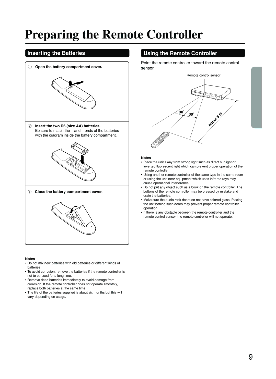 Onkyo DV-L5 instruction manual Preparing the Remote Controller, Inserting the Batteries, Using the Remote Controller 