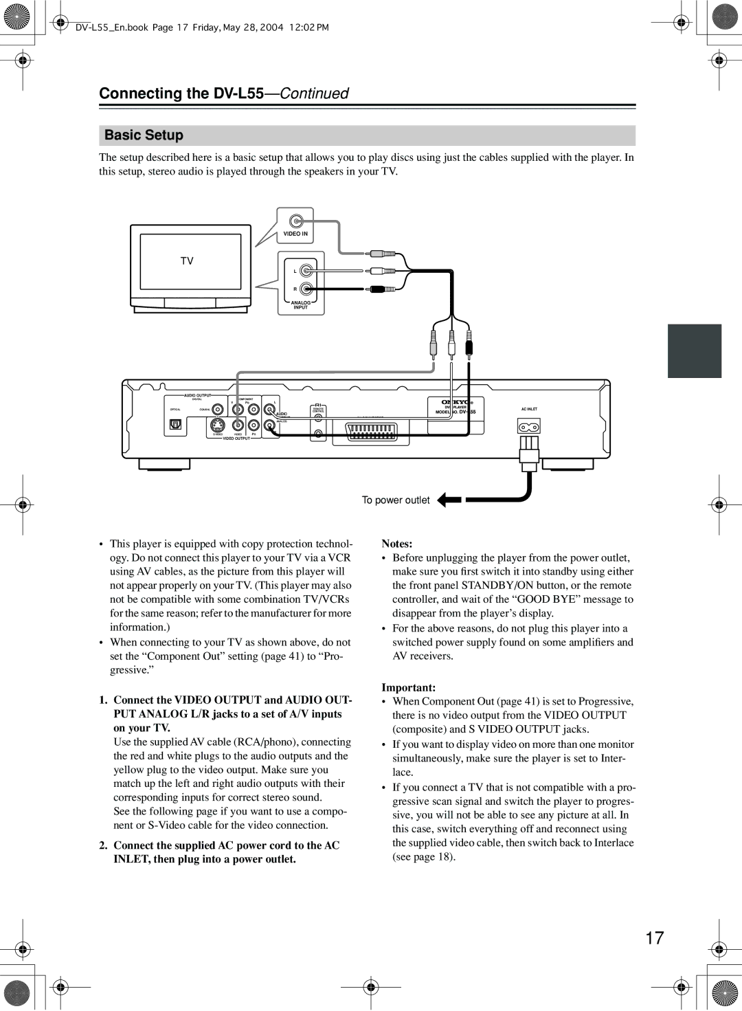 Onkyo instruction manual Connecting the DV-L55, Basic Setup 