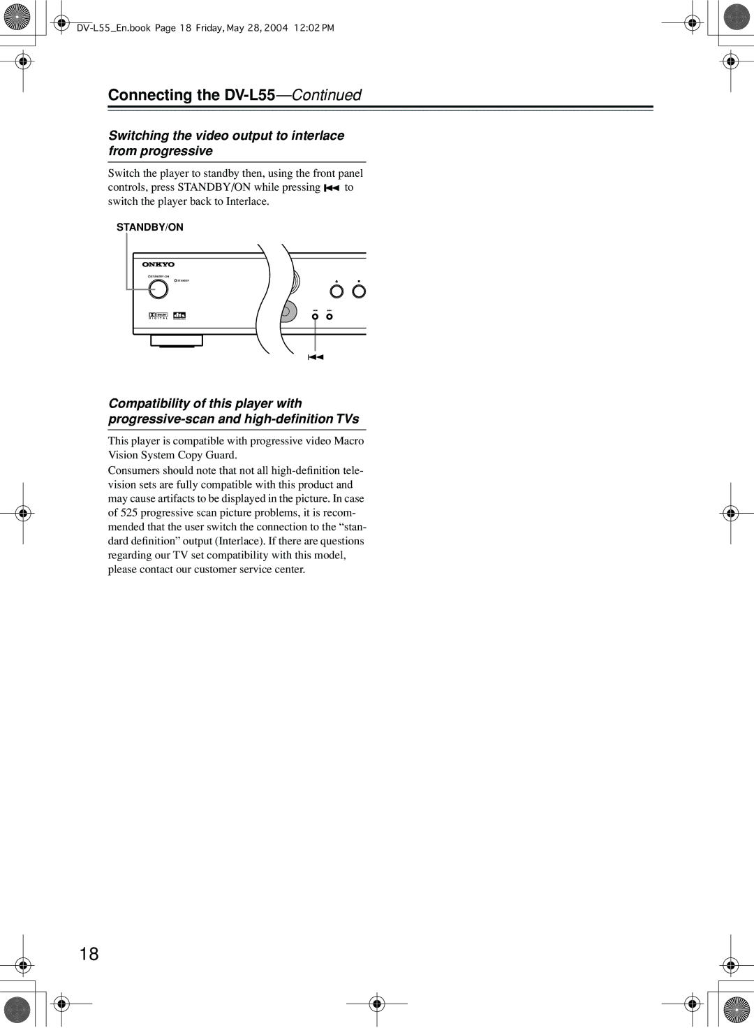 Onkyo DV-L55 instruction manual Switching the video output to interlace from progressive 