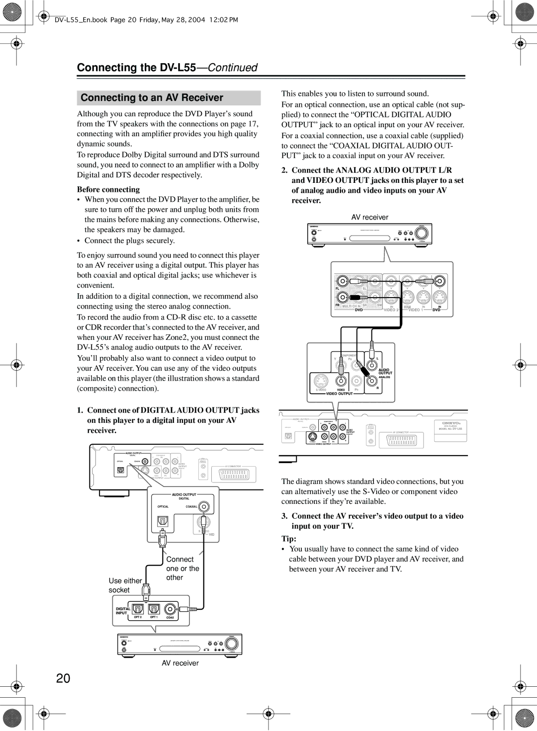 Onkyo DV-L55 instruction manual Connecting to an AV Receiver, Before connecting 