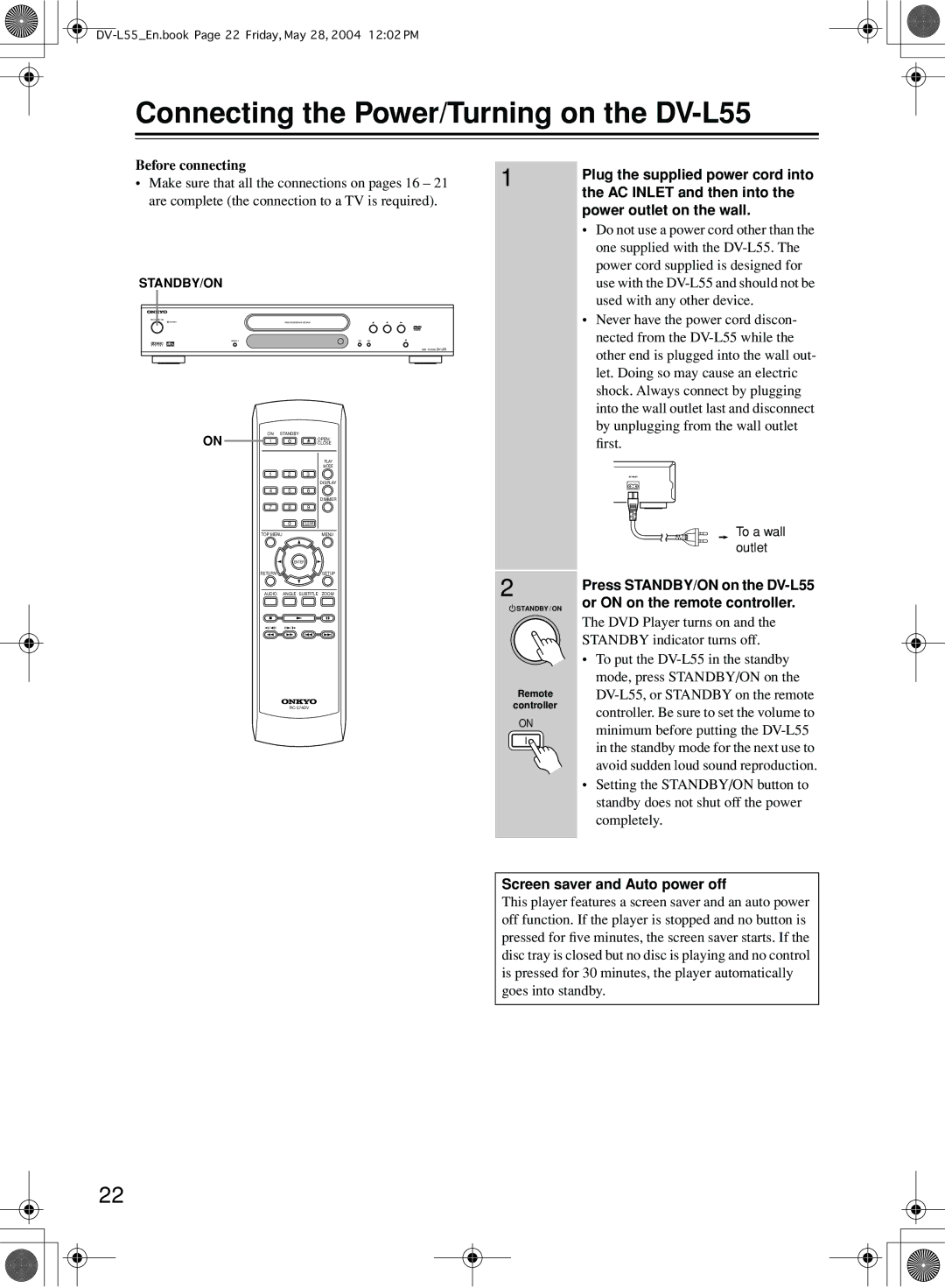 Onkyo Connecting the Power/Turning on the DV-L55, Plug the supplied power cord into, AC Inlet and then into 