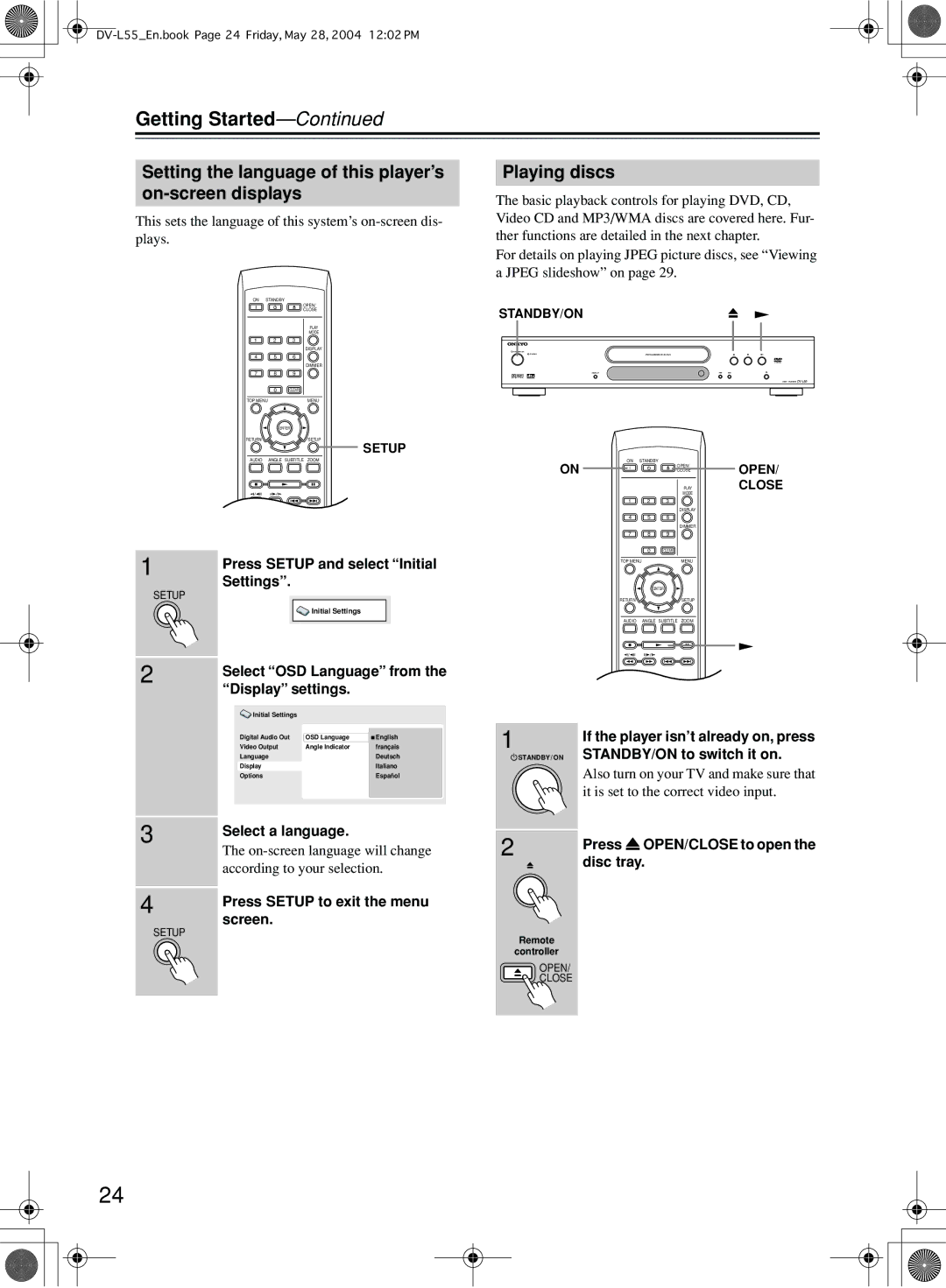 Onkyo DV-L55 instruction manual Getting Started, Setting the language of this player’s on-screen displays 