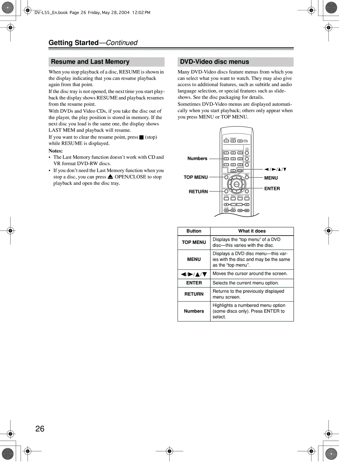 Onkyo DV-L55 instruction manual Resume and Last Memory, DVD-Video disc menus 