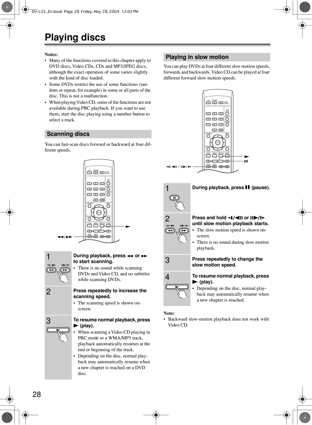 Onkyo DV-L55 instruction manual Playing discs, Scanning discs, Playing in slow motion 