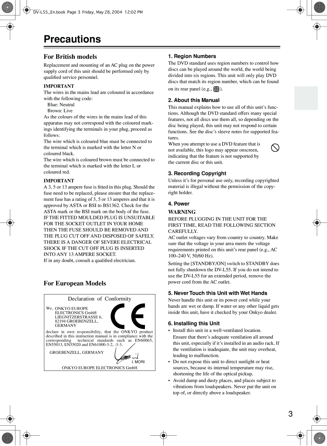 Onkyo DV-L55 instruction manual Precautions, For British models 